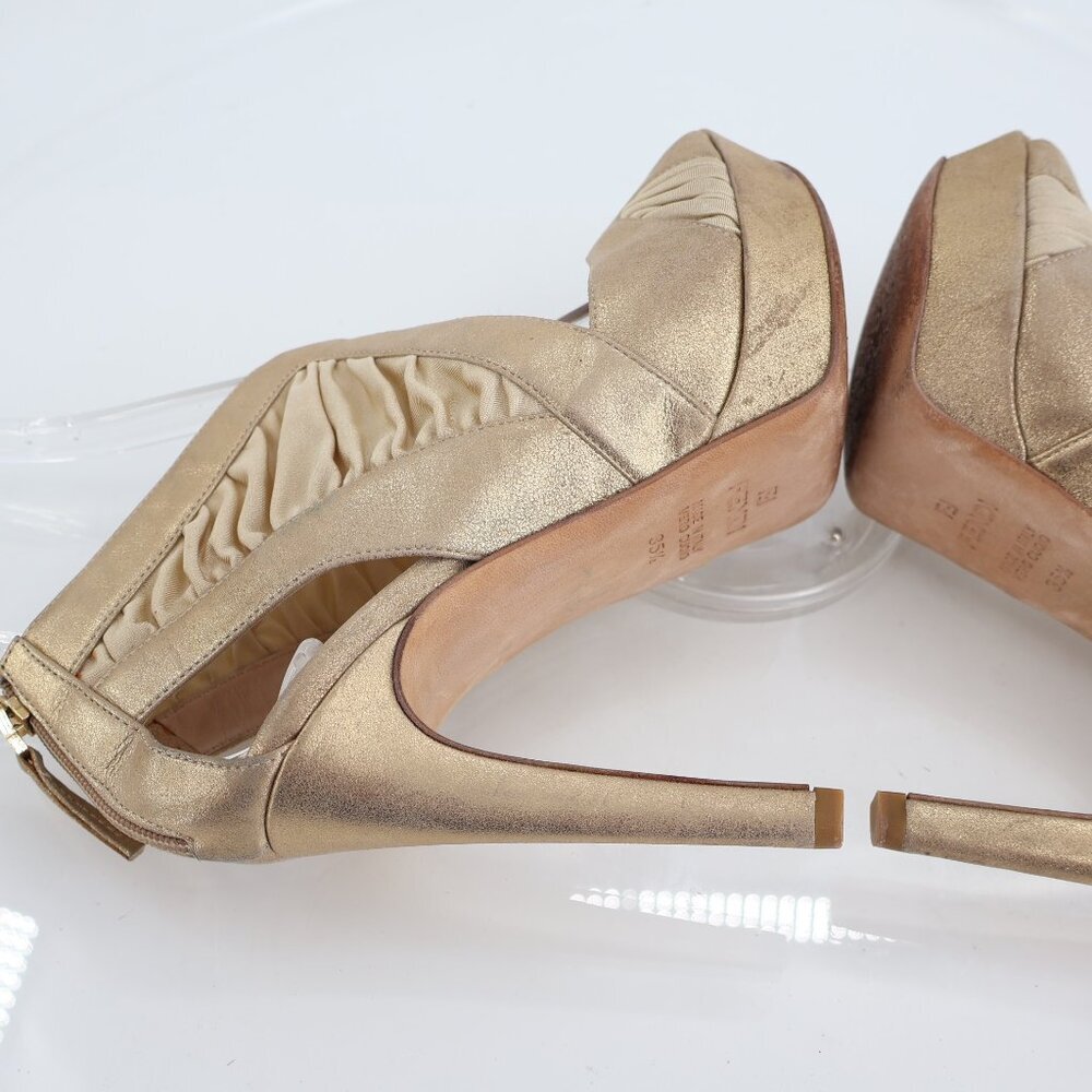 Fendi Heels Women's Size 5.5 Gold Metallic Leather Fabric Platform - Picture 9 of 13